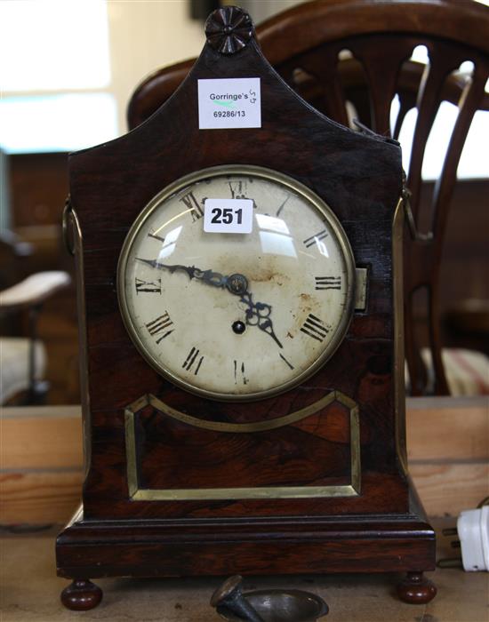 Early Victorian rosewood and brass mounted eight day mantel clock (damaged dial)